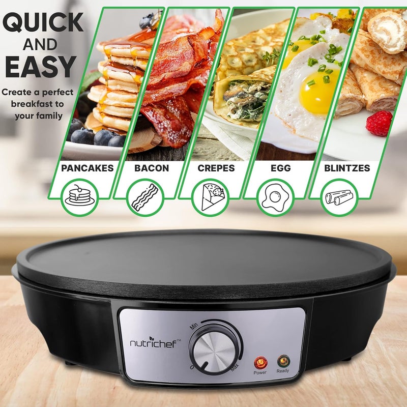 NutriChef Electric Crepe Maker Pan & Griddle, 12 Inch Nonstick Cooktop, LED Indicators & Adjustable Temperature Control, Includes Spatula, Batter Spreader, Cooks Crepes, Roti & Pancakes - Image 2